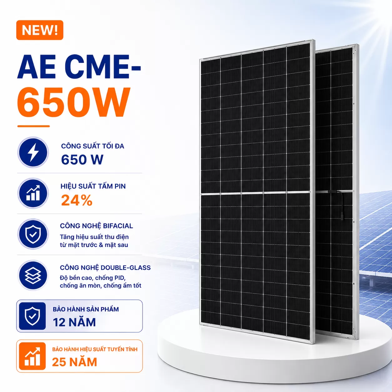 Tấm pin năng lượng mặt trời model: AIKO-G650-MCH72Dw, công suất 650Wp/tấm, hiệu AiKo
