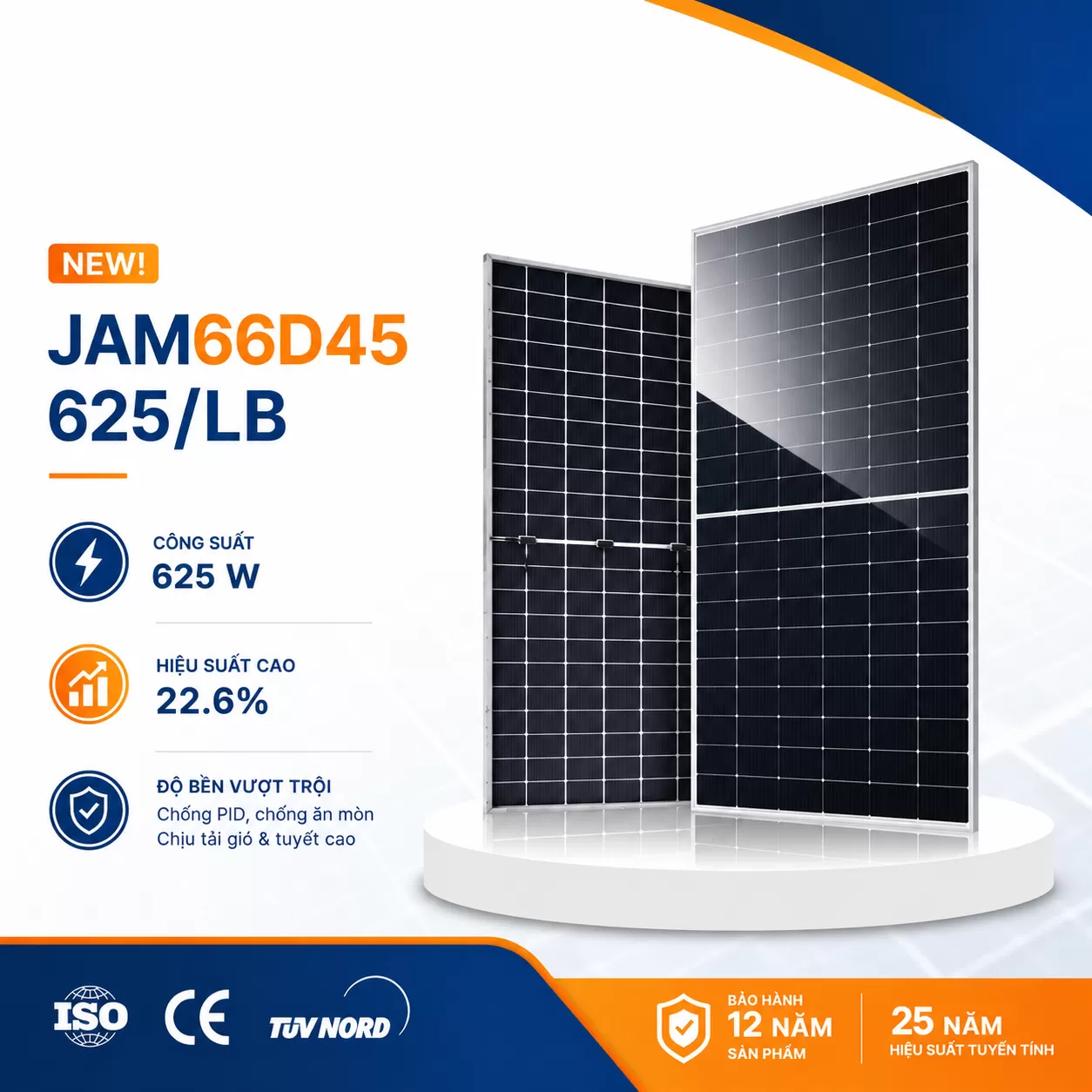 Tấm pin năng lượng mặt trời model: JAM66D45-625/LB, công suất 625Wp/tấm, hiệu JA Solar