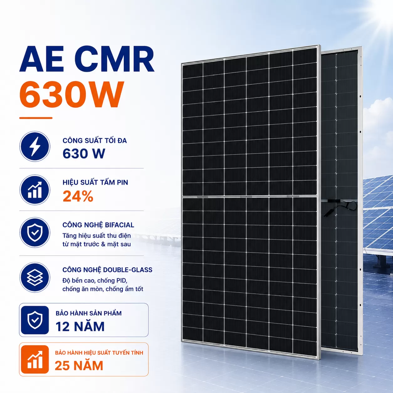Tấm pin năng lượng mặt trời model: CMER-132BDS-630, công suất 630Wp/tấm, hiệu AE (1)