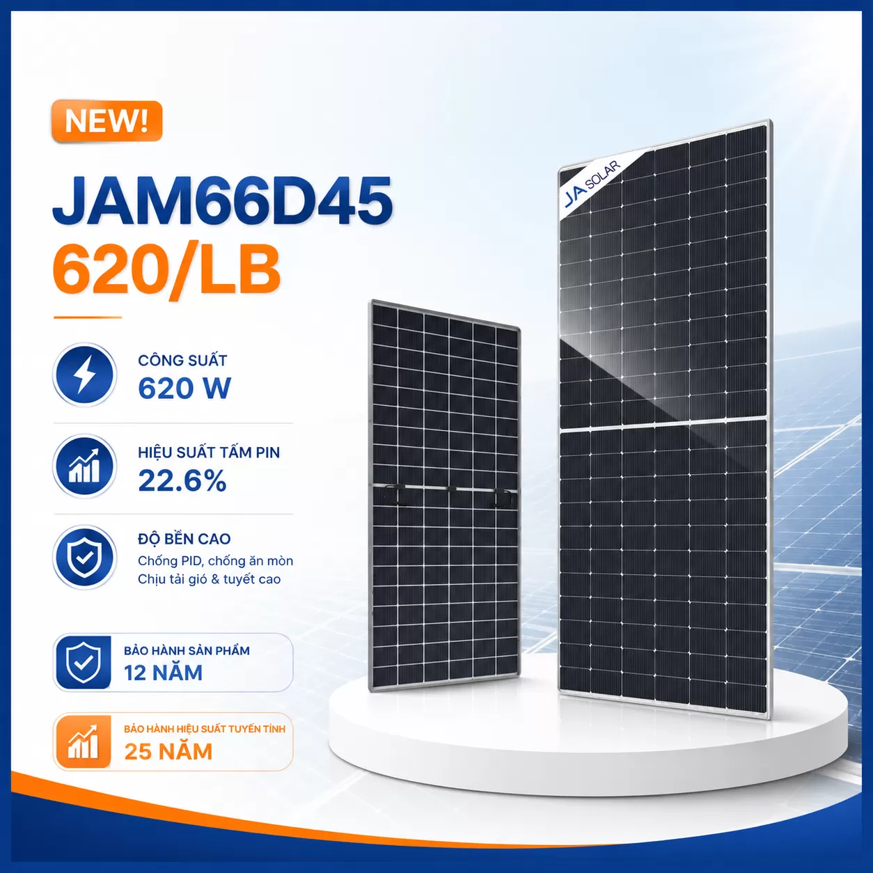 Tấm pin JA620 hai mặt kính Tấm pin JA 620Wp Ntype hai mặt kính - JAM66D45 600/LB